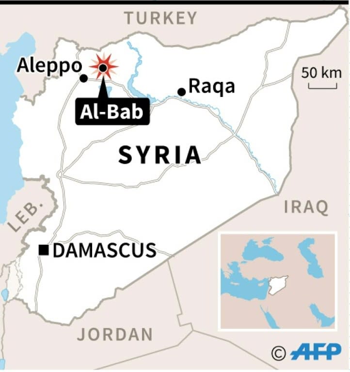 Rebel fighters, part of the Turkey-backed Euphrates Shield alliance, pose with an Islamic State group flag as they advance on February 20, 2017, towards the city of Al-Bab, some 30 kilometres from the Syrian city of Aleppo