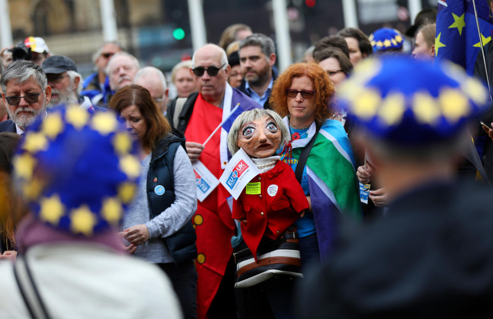 Demonstrators take part in a protest by groups representing EU citizens living in the UK, in Westminster, London, Britain, November 5, 2018. REUTERS/Simon Dawson