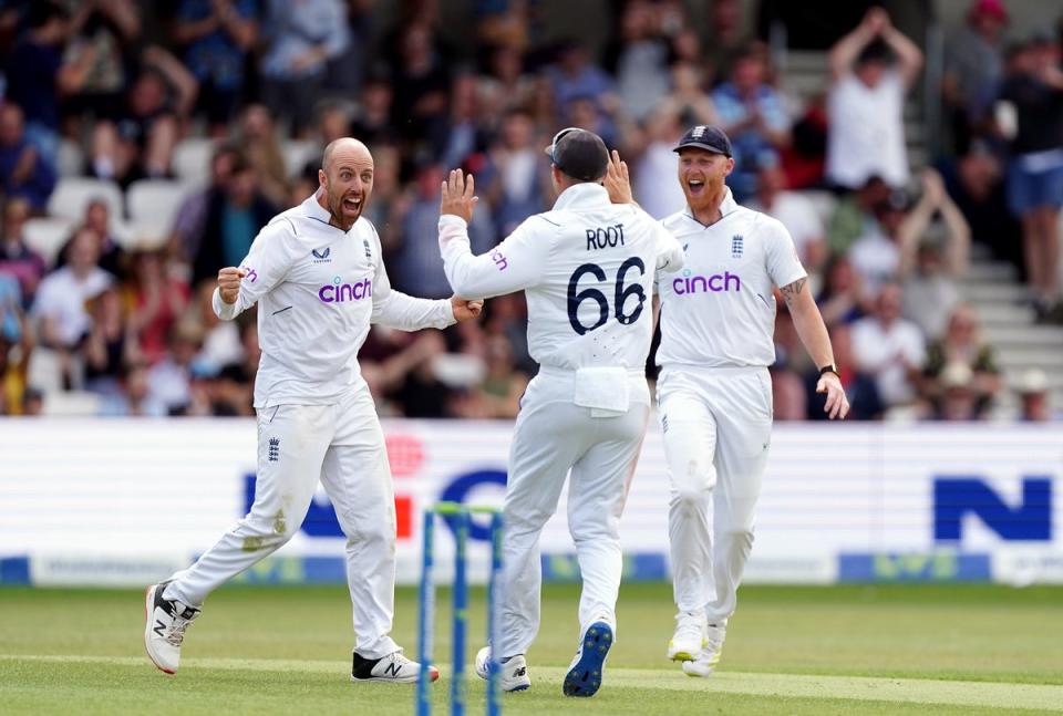 Jack Leach, left, celebrates a wicket on Sunday en route to his total of 10 for the match in England’s fourth Test against New Zealand (Mike Egerton/PA) (PA Wire)