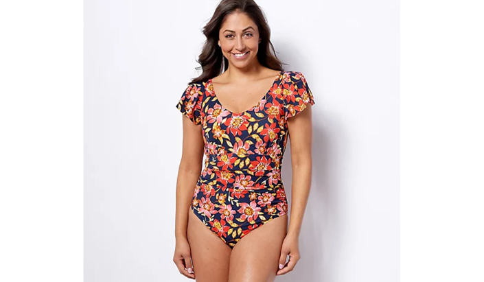 Denim &  Co. Beach Co. Ruffle Sleeve V-Neck One-Piece Swimsuit
