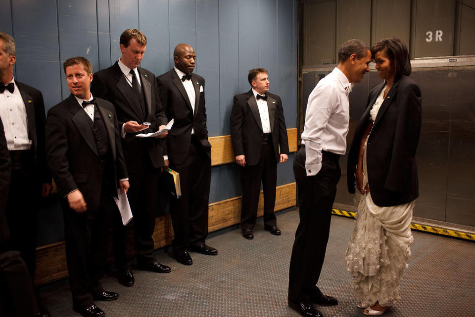 President Barack Obama and first lady Michelle Obama share a private moment in a freight elevator at an inaugural ball in Washington, D.C., on Jan. 20, 2009.