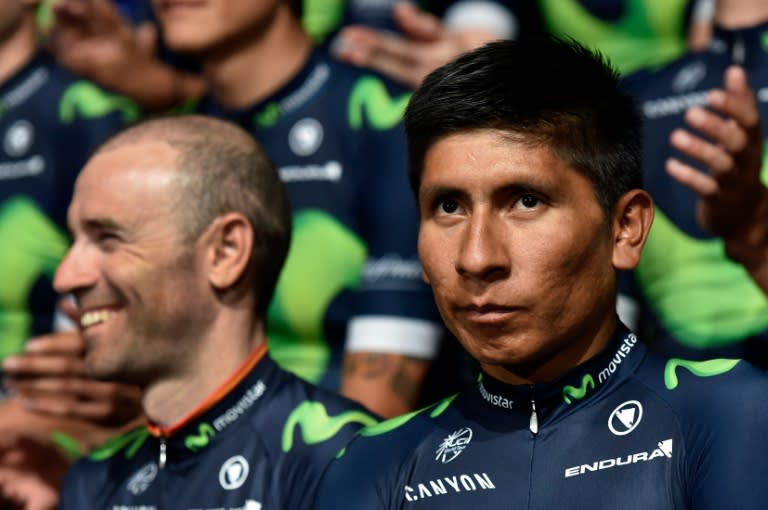 Colombian rider Nairo Quintana (R) and Spanish rider Alejandro Valverde pose during the presentation of the Movistar Cycling Team in Madrid on January 27, 2016