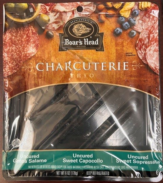 A 6-oz. plastic tray of “Boar’s Head CHARCUTUERIE TRIO” is among the recalled products.