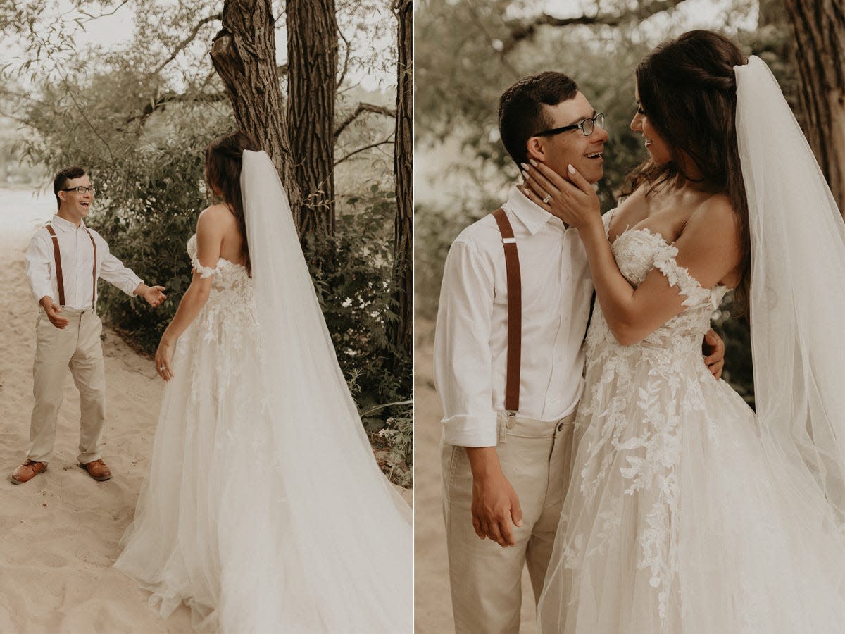 A side-by-side of a brother and sister hugging and the sister holding the brother's face.