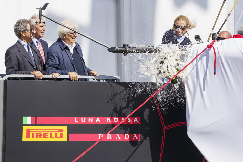Miuccia Prada christens the new Luna Rossa Prototype boat in Cagliari, Italy