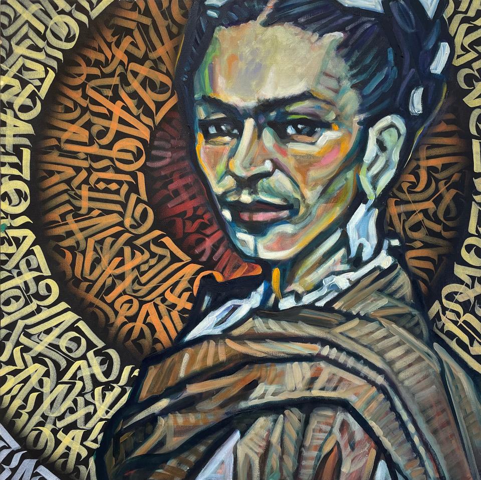 Art critic Marty Fugate says “Frida Kahlo No. 14” is the most iconographic portrait among the 17 that artist Beck Lane is presenting during an exhibit at the Unitarian Universalist Church in Sarasota.