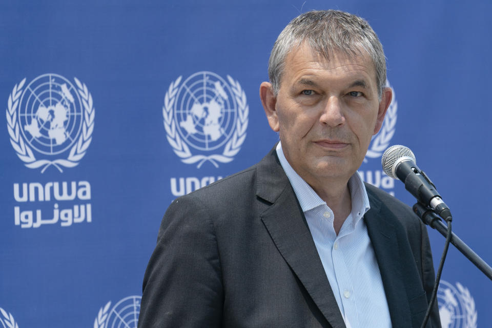 FILE - United Nations Relief and Works Agency UNRWA Commissioner-General Philippe Lazzarini speaks during a news conference at their compound following a cease-fire reached after an 11-day war between Gaza's Hamas rulers and Israel, Sunday, May 23, 2021, in Gaza City. Lazzarini warned on Thursday, April 6, 2023, that it faced growing challenges in running its operations as donors were set to contribute less money this year.(AP Photo/John Minchillo, File)