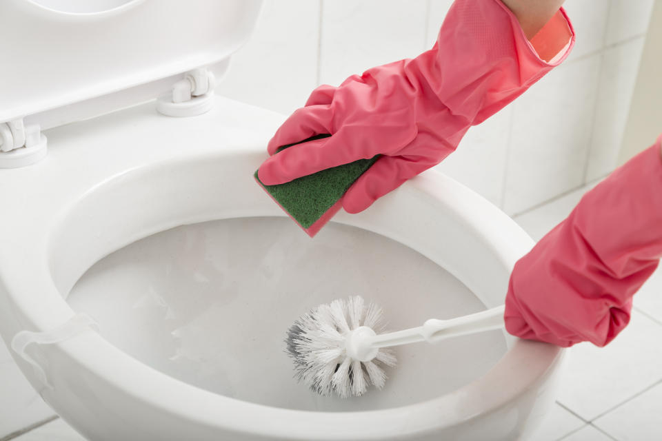 Close up of female hands wearing protective gloves, scrubbing toilet with sponge and brush