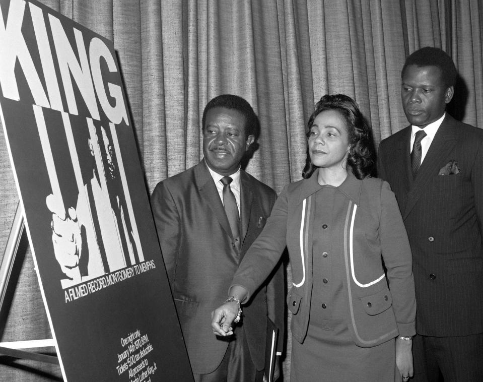 REMOVES REFERENCE TO THE BAHAMAS - FILE - Coretta Scott King, center, Dr. Ralph Abernathy, left, and actor Sidney Poitier appear for a viewing on a film on the late Dr. Martin Luther King, Jr., in New York on Oct. 22, 1969. Poitier, the groundbreaking actor and enduring inspiration who transformed how Black people were portrayed on screen, became the first Black actor to win an Academy Award for best lead performance and the first to be a top box-office draw, died Thursday, Jan. 6, 2022. He was 94. (AP Photo/Marty Lederhandler, File)