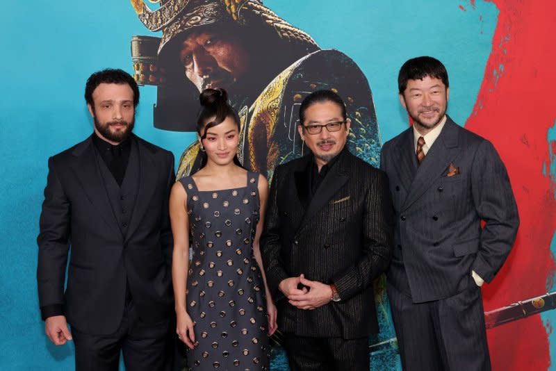 Left to right, Cosmo Jarvis, Anna Sawai, Hiroyuki Sanada and Tadanobu Asano attend the premiere of the Hulu TV mini series "Shogun" at the Academy Museum in Los Angeles on February 13. The limited series wraps up Tuesday on FX and Hulu. File Photo by Greg Grudt/UPI