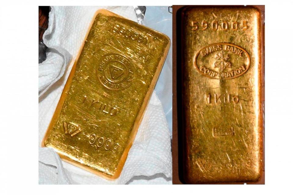 PHOTO: This image provided by the U.S. Attorney's office, Friday, Sept. 22, 2023, in New York, shows two of the gold bars found during a search by federal agents of Sen. Bob Menendez's home and safe deposit box.   (U.S. Attorney's Office via AP)