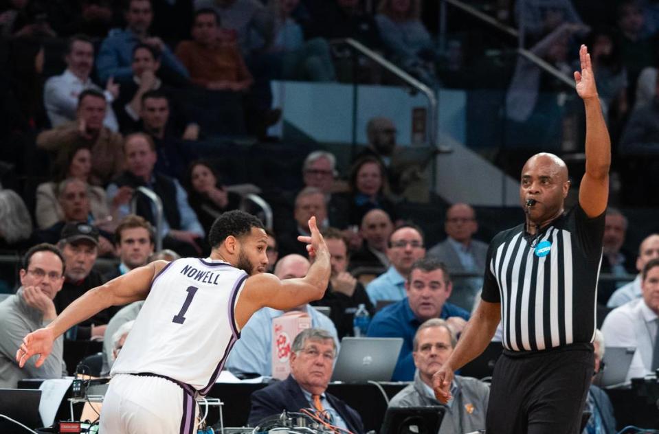 Kansas State’s Markquis Nowell celebrates a three pointer during the first half of their east region semifinal game against Michigan State at Madison Square Garden on Thursday night.