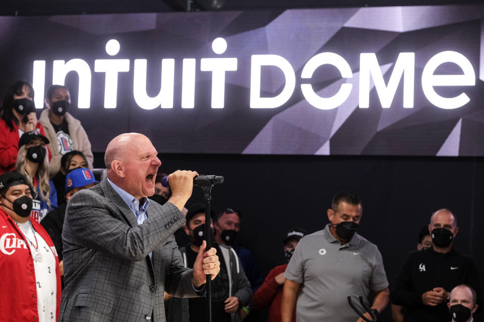 Los Angeles Clippers chairman Steve Ballmer speaks during a groundbreaking ceremony of the Intuit Dome, Friday, Sept. 17, 2021, in Inglewood, Calif. The Clippers' long-awaited, $1.8 billion, the privately funded arena is officially named Intuit Dome. The practice facility, team offices for both business and basketball operations, retail space, and more will all be on the site when it opens in 2024. (AP Photo/Ringo H.W. Chiu)