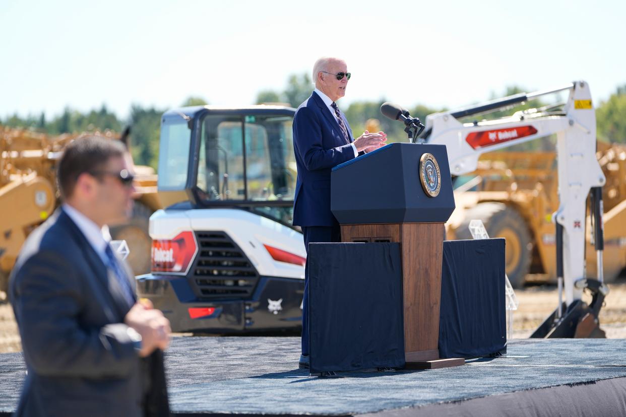 President Joe Biden speaks at a 2022 groundbreaking ceremony for Intel's $20 billion microchip manufacturing project in New Albany. Technology firms have signaled a need for more highly skilled foreign workers to meet growing labor demand to fill their positions.