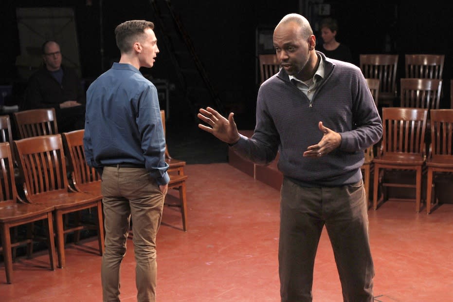 This theater image released by Glenna Freedman shows Brandt Adams, left, and Godfrey L. Simmons, Jr., during a performance of "Dispatches from (A)mended America," in New York. (AP Photo/Glenna Freedman Public Relations, Steven Boling)