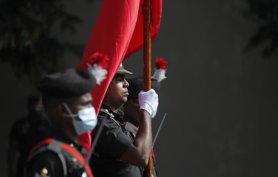 Sri Lankan army officers march during the 73rd Independence Day parade rehearsal in Colombo, Sri Lanka, Wednesday, Feb. 3, 2021. Sri Lanka's independence from British colonial rule is celebrated on Feb. 4 each year. (AP Photo/Eranga Jayawardena)