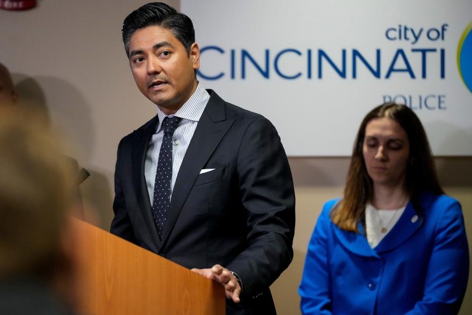 Cincinnati mayor Aftab Pureval takes questions during a press conference to discuss the city’s gun violence prevention efforts at the police CIS Headquarters in the Queensgate neighborhood of Cincinnati on Thursday, June 8, 2023.