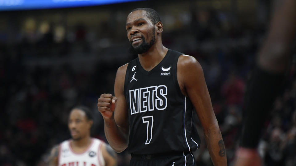 Brooklyn Nets&#39; Kevin Durant (7) celebrates during the second half of an NBA basketball game against the Chicago Bulls Wednesday, Jan. 4, 2023, in Chicago. Chicago won 121-112. (AP Photo/Paul Beaty)