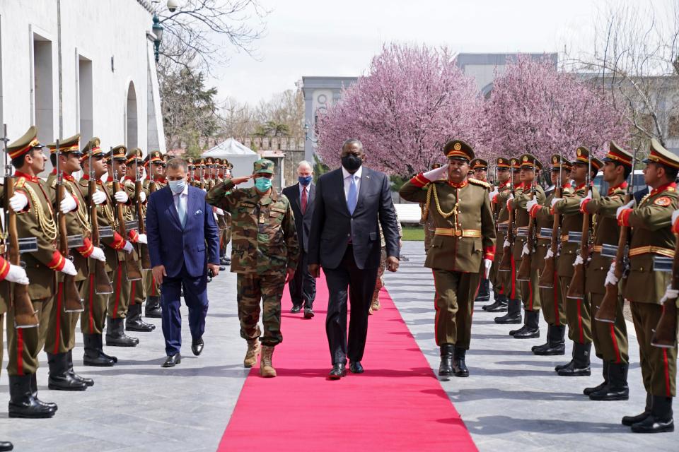 Defense Secretary Lloyd Austin at the presidential palace in Kabul, Afghanistan, on March 21, 2021.