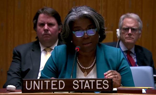 U.S. Ambassador Linda Thomas-Greenfield addresses fellow diplomats during a meeting of the United Nations Security Council at U.N. Headquarters in New York, November 2, 2022. / Credit: UNTV/Reuters