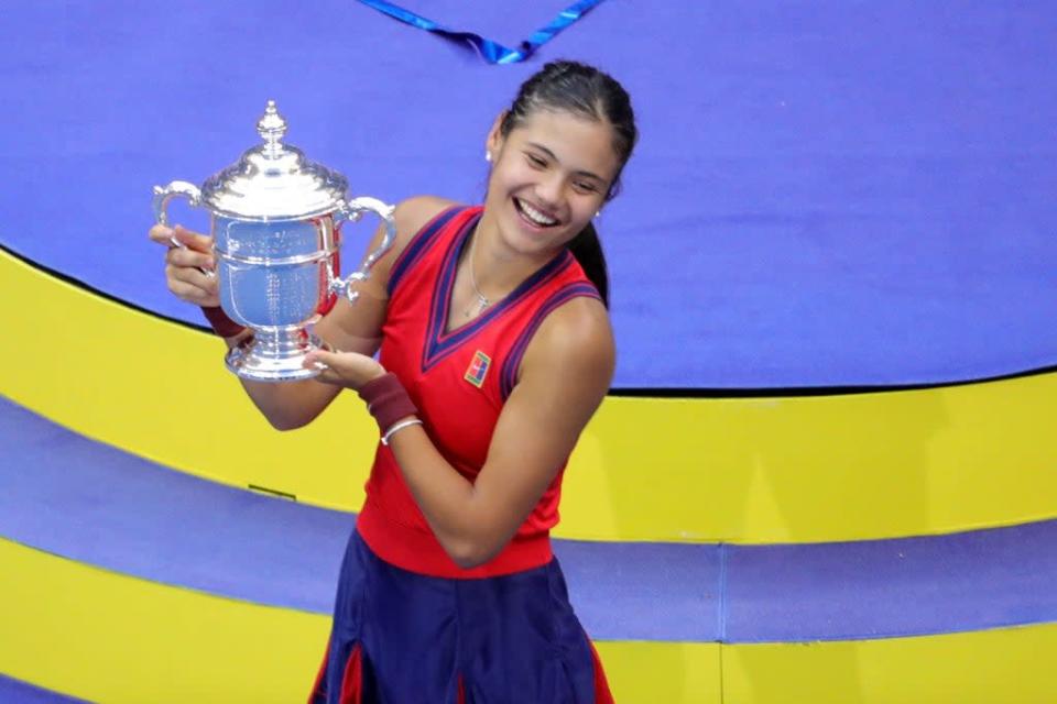 Britain&#39;s Emma Raducanu celebrates after winning the 2021 US Open (AFP via Getty Images)