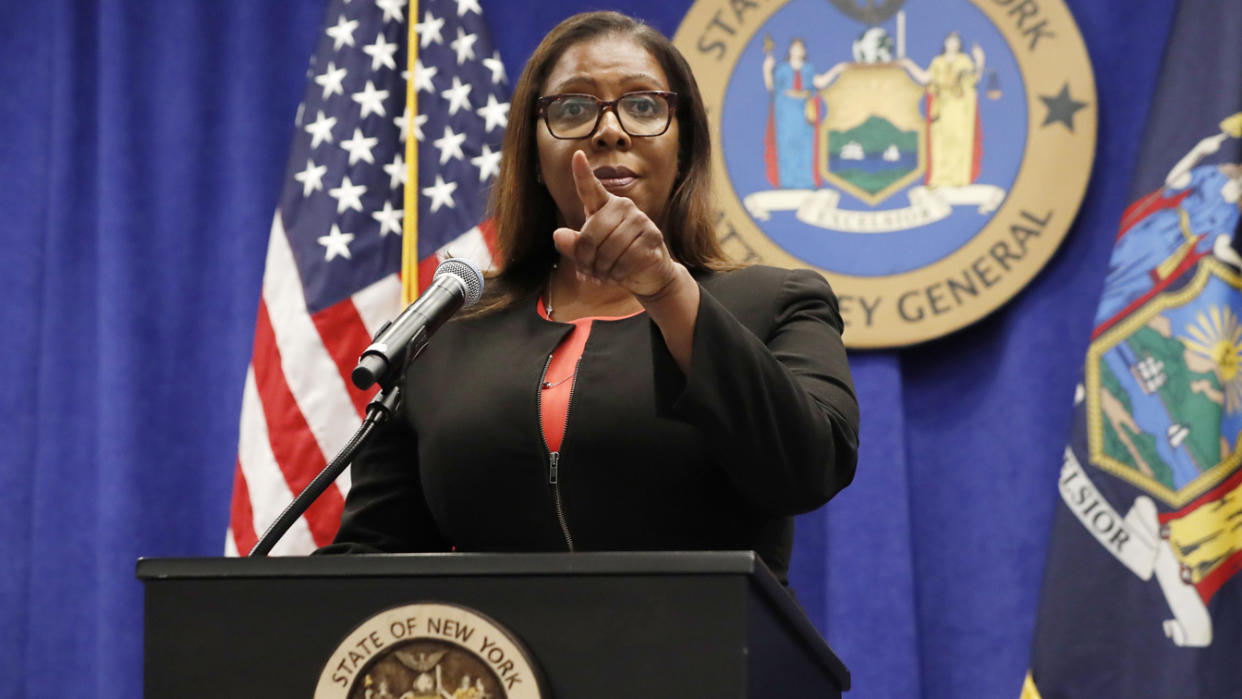 New York State Attorney General Letitia James takes a question from a reporter after announcing that the state is suing the National Rifle Association during a press conference, Thursday, Aug. 6, 2020, in New York. (Kathy Willens/AP Photo)