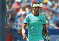 Aug 18, 2016; Mason, OH, USA; Rafael Nadal (ESP) reacts against Borna Coric (CRO) on day six during the Western and Southern tennis tournament at Linder Family Tennis Center. Mandatory Credit: Aaron Doster-USA TODAY Sports