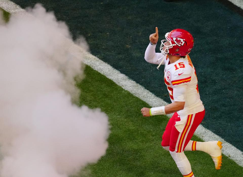 Kansas City Chiefs quarterback Patrick Mahomes (15) takes the field to play the Philadelphia Eagles in Super Bowl LVII at State Farm Stadium  in Glendale on Feb. 12, 2023.