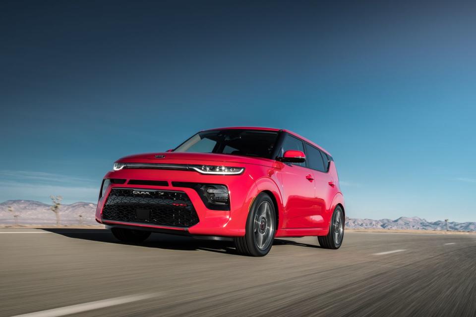 <p>The 2020 <a href="https://www.caranddriver.com/kia/soul" rel="nofollow noopener" target="_blank" data-ylk="slk:Kia Soul;elm:context_link;itc:0;sec:content-canvas" class="link ">Kia Soul</a> is fast-acting medicine for relief from cars that look alike, round and oval shapes, and poor fuel mileage. The Soul scores an EPA combined 31 mpg when had with its 147-hp inline-four in CVT form, but a six-speed manual is available, as well as a quicker 201-hp turbocharged 1.6-liter in GT-Line trim. A 7.0-inch touchscreen is standard; the larger 10.3-inch display is also available. The Soul can be had with optional features like heated front seats and steering wheel, as well as wireless phone charging, with typical driver-assistance features.</p>