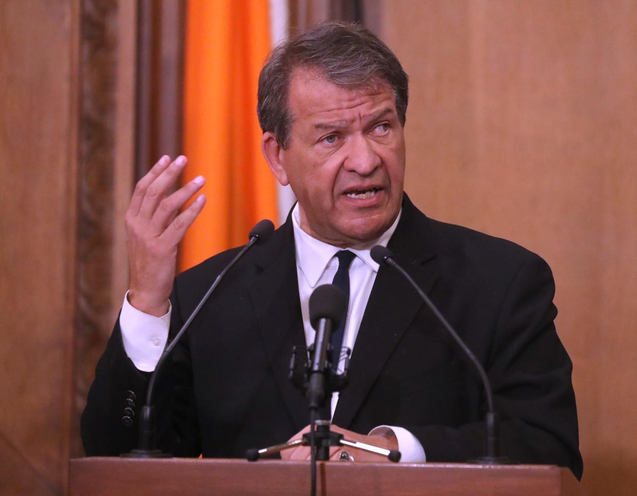 Westchester County Executive George Latimer presents his State of the county speech at the Board of Legislators chambers in White Plains March 12, 2024.