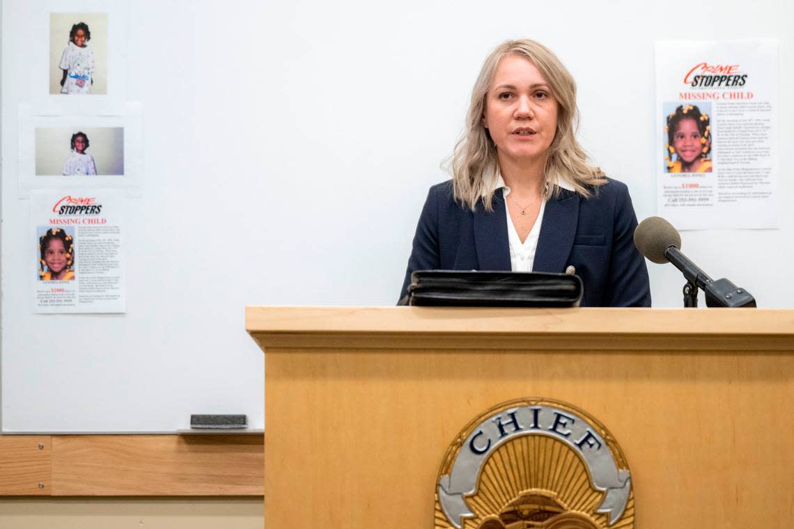 Tacoma police Det. Julie Dier briefs the media on the 1995 disappearance of three-year-old Lenoria Jones during a press conference on Thursday, March 9, 2023, in Tacoma, Wash.