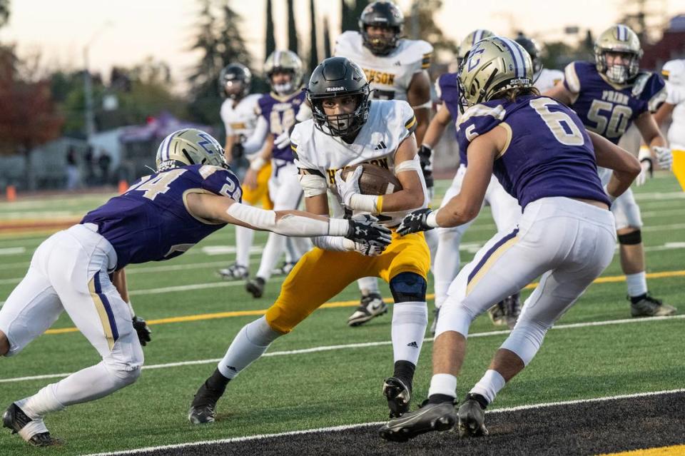 Hughson’s David Delgado scores on a catch during the Sac-Joaquin Section Division VI championship game at Sacramento City College in Sacramento, Calif., Saturday, Nov. 25, 2023.