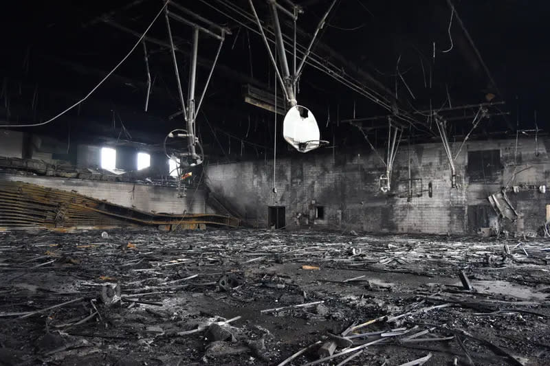 <span class="attribution__caption">The Highland High School gym was ravaged by a fire. </span> <span class="attribution__credit"> (Pocatello Fire Department, obtained by ProPublica and Idaho Statesman) </span>