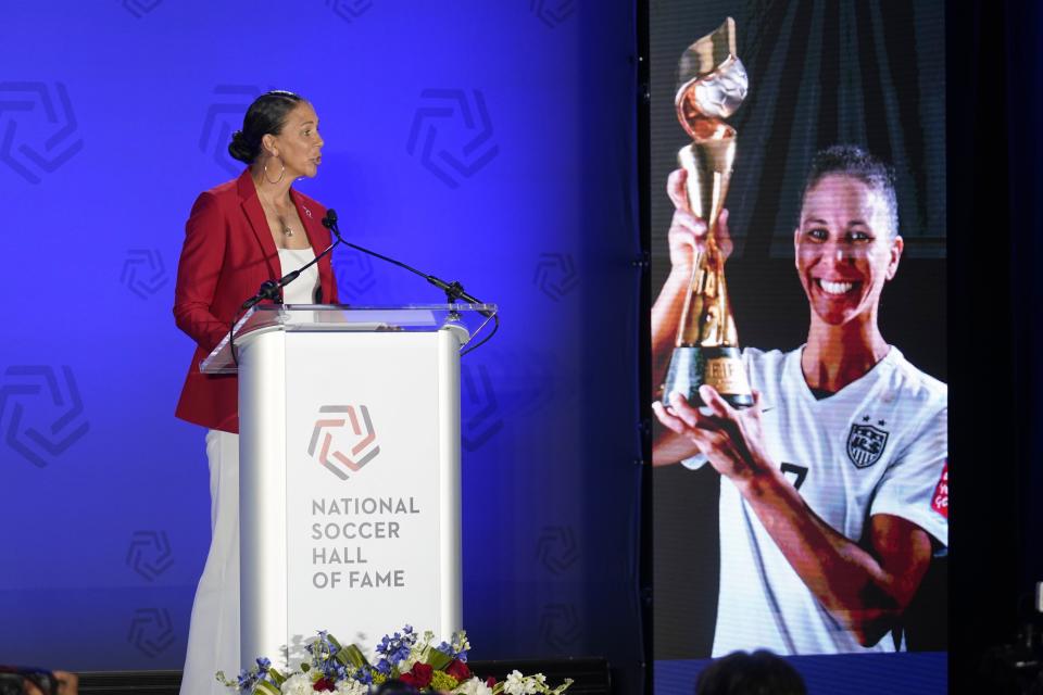 Newly inducted player Shannon Boxx speeaks during an induction ceremony for the National Soccer Hall of Fame, Saturday, May 21, 2022, in Frisco, Texas. (AP Photo/Tony Gutierrez)