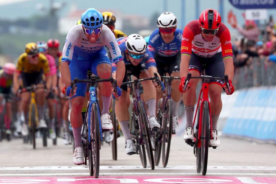 Team Jayco AlUlas Australian rider Michael Matthews L rides next to Trek  Segafredos Danish rider Mads Pedersen R to cross the finish line and win the third stage of the Giro dItalia 2023 cycling race 216 km between Vasto and Melfi on May 8 2023 Photo by Luca Bettini  AFP Photo by LUCA BETTINIAFP via Getty Images