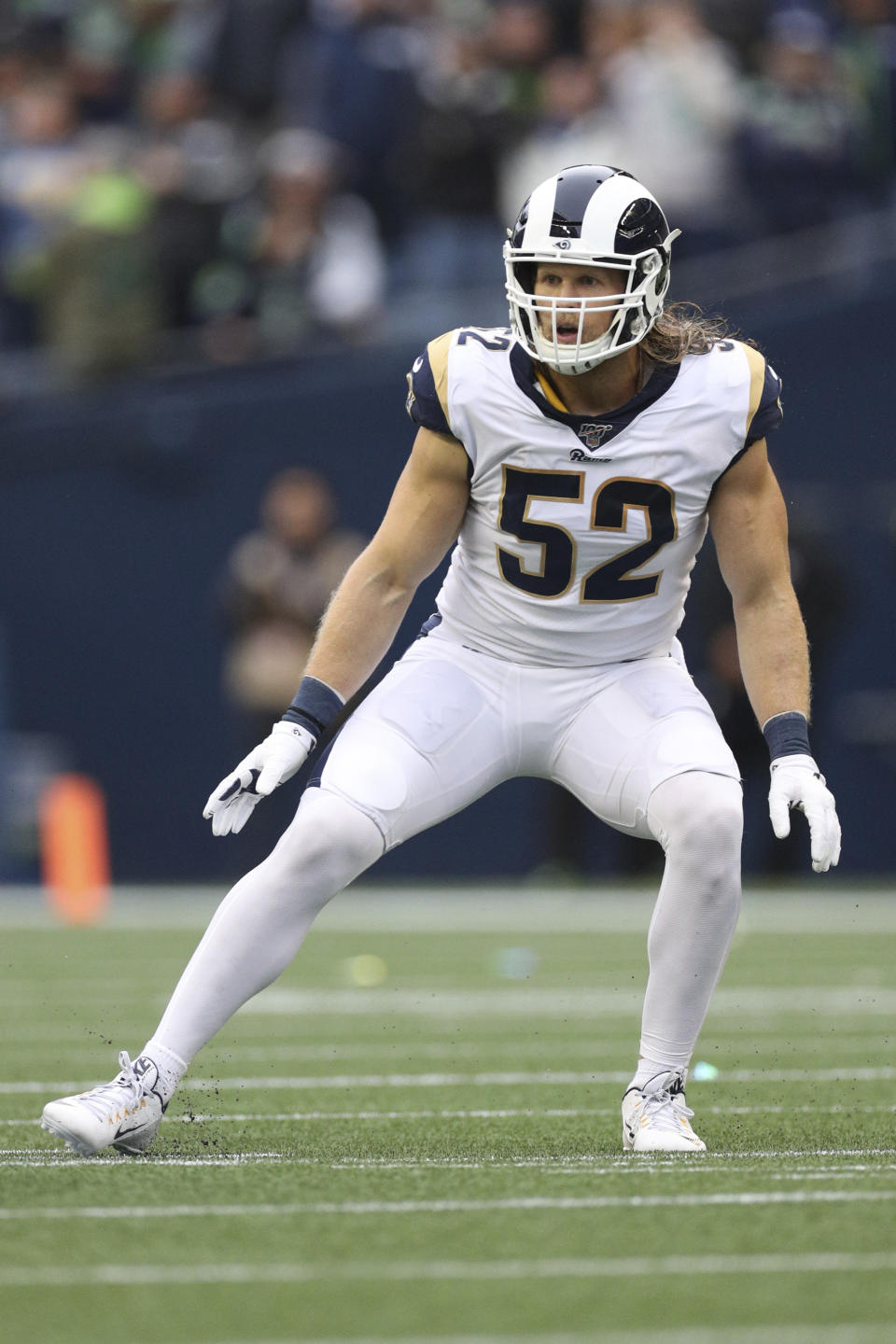 Los Angeles Rams outside linebacker Clay Matthews (52) takes a defensive position during an NFL game against the Seattle Seahawks, Thursday, Oct. 3, 2019, in Seattle. The Seahawks defeated the Rams 30-29. (Margaret Bowles via AP)