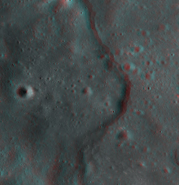 This new 3D image of the moon was created by using images of the same spot of the lunar surface taken from different angles by NASA's Lunar Reconnaissance Orbiter. It shows the Korolev lobate scarp, a type of cliff mostly found in the moon's hi