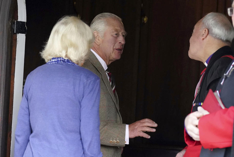 Britain's King Charles III, and Queen Camilla, left, arrive at Crathie Parish Church for a church service to mark the first anniversary of the death of Queen Elizabeth II, near Balmoral, Scotland, Friday, Sept. 8, 2023. (Andrew Milligan/Pool Photo via AP)