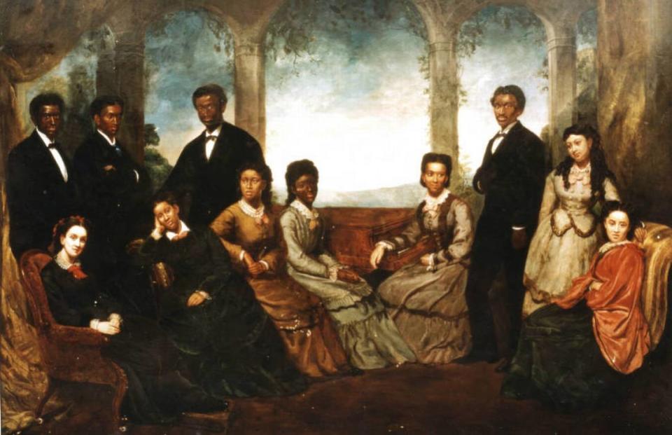 Queen Victoria was so impressed by a performance of the Fisk Jubilee Singers that she commissioned this painting of them.