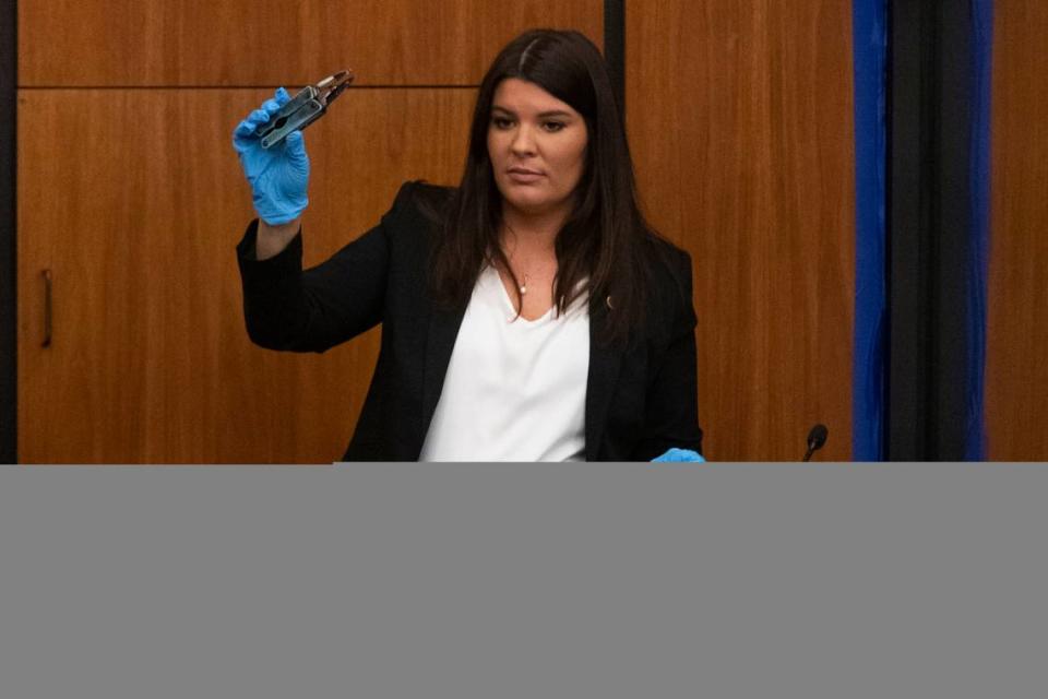 State Law Enforcement Division’s Dalila Cirencione shows a multitool that is evidence in the trial of Nathaniel Rowland at the Richland County Courthouse on Thursday, July 22, 2021. Cirencione also showed other evidence gathered at Maria Howard’s home.