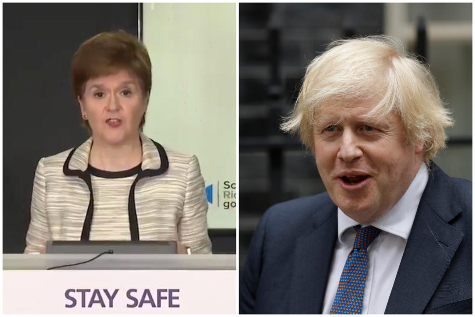 Nicola Sturgeon has attacked Boris Johnson's government over air bridges. (Sky News/AP)