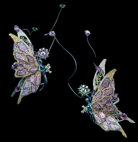 Yellow diamond, diamond, tsavorite garnet, pink sapphire, amethyst, ruby and titanium Butterfly Nebula earrings, Wallace Chan 