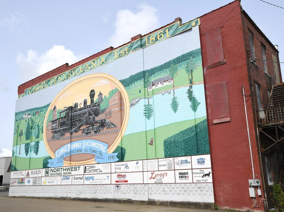 This mural, which celebrates the Corry and the Climax Manufacturing Co., which once operated in Corry, is shown, Sept. 14, 2020, on the south side of a building in the first block of North Center Street in Erie. 
