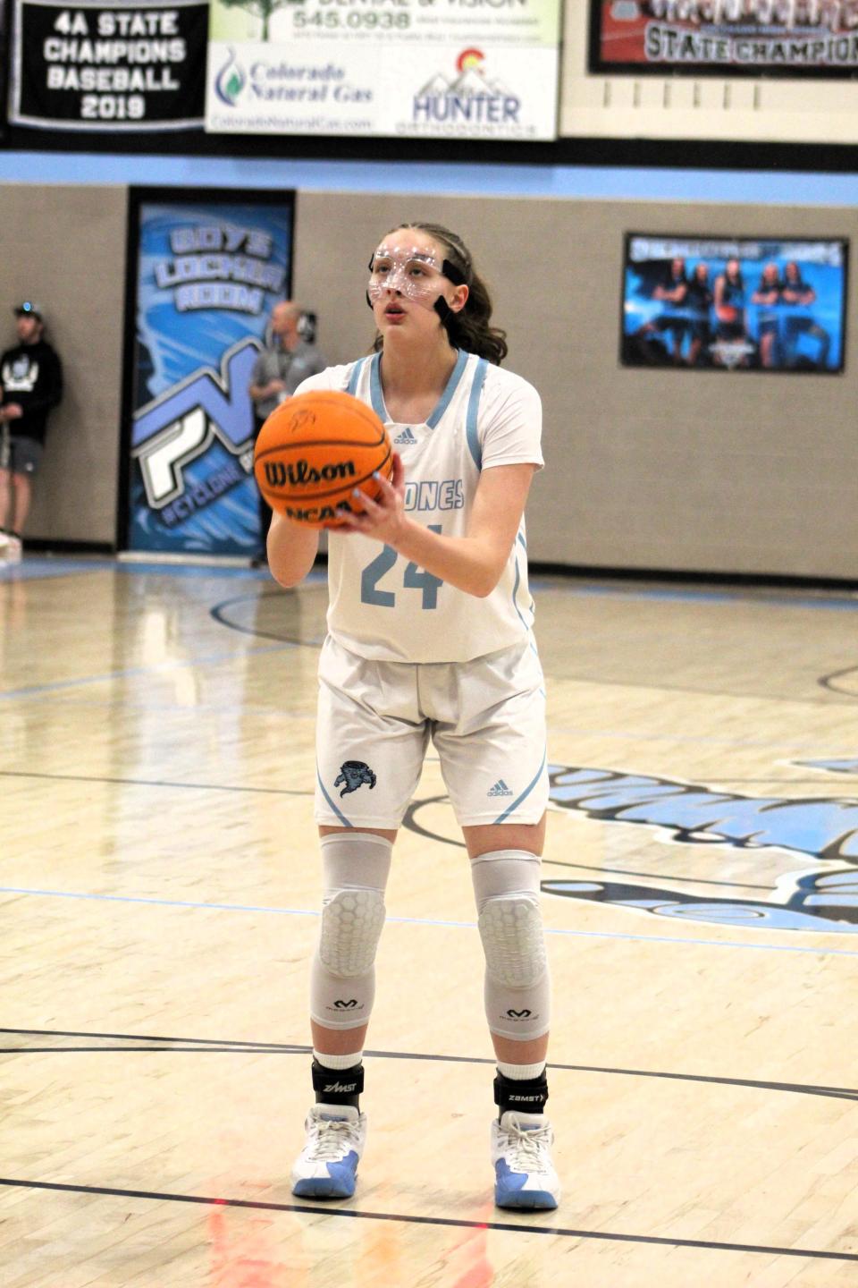 Pueblo West's Trynity Martin gets set to shoot a free throw against Bear Creek during a matchup in the Class 5A girls basketball playoffs from Pueblo West High School on Tuesday, February 20, 2024.