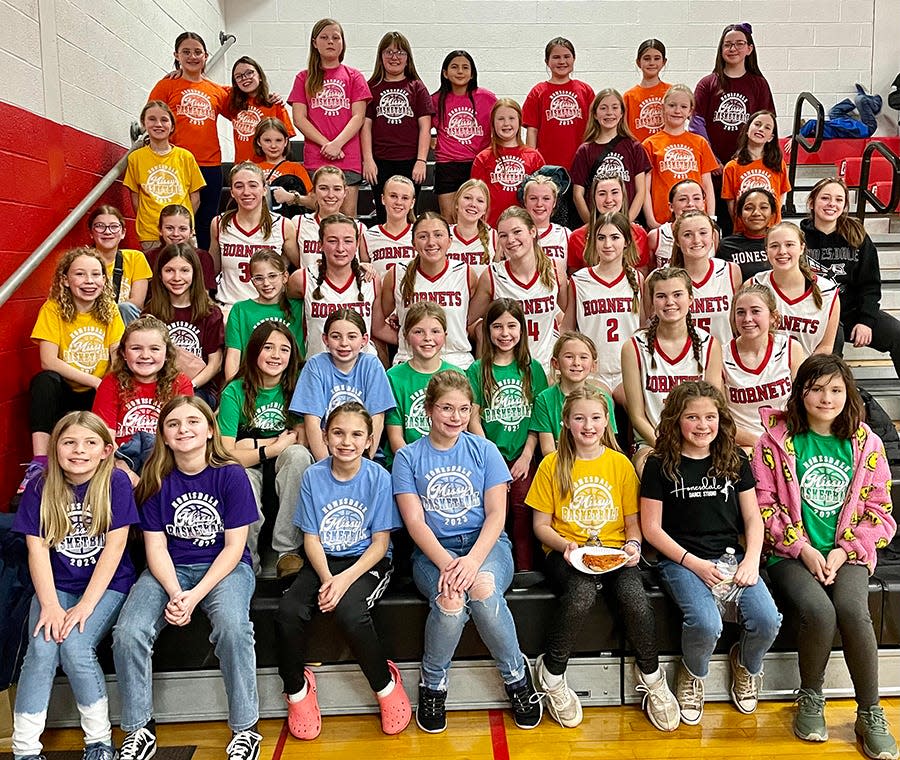 More than 40 Honesdale Missy Basketball Association players turned out to support the Lady Hornet varsity team in a recent Lackawanna League battle at the Red Palace.