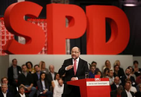 Social Democratic Party (SPD) leader and candidate in the upcoming general elections Martin Schulz addresses an SPD party convention in Berlin, Germany, March 19, 2017. REUTERS/Axel Schmidt