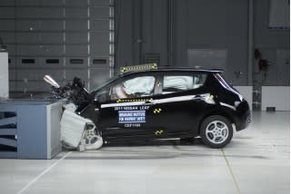 2011 Nissan Leaf electric car during IIHS crash testing