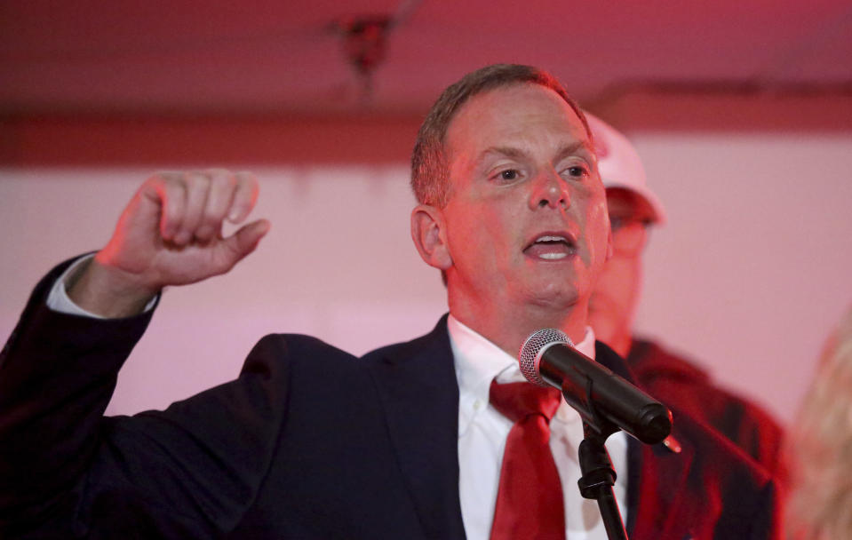 Bill DeSteph claims victory in retaining his seat in the 8th Senate District at the Republican victory party in Virginia Beach, Va., on Tuesday, Nov. 5, 2019. (Steve Earley/The Virginian-Pilot via AP)