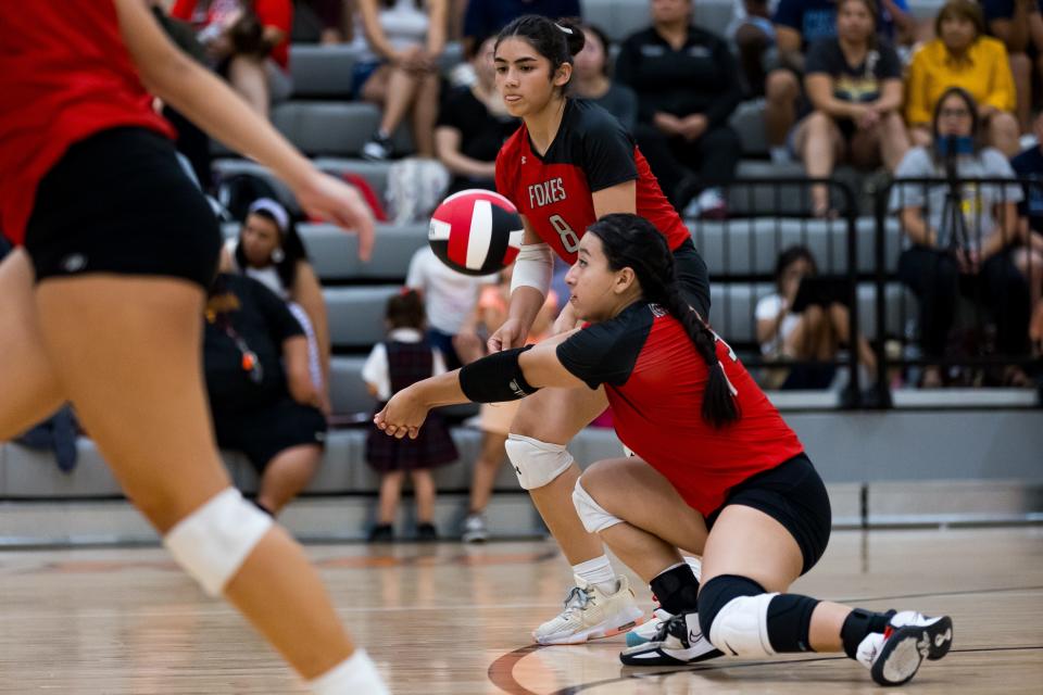 Jefferson’s Amy Heredia (9) at a high school volleyball game against Chapin High School on Tuesday, Sept. 19, 2023, at Tinajero Middle School in El Paso.