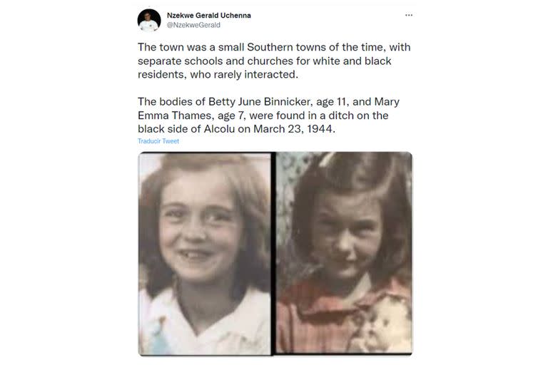 Betty June Binnicker, de 11 a&#xf1;os, y Mary Emma Thames, de 7, fueron halladas muertas en la v&#xed;a del tren de Alcolu, California del Sur, durante marzo de 1944